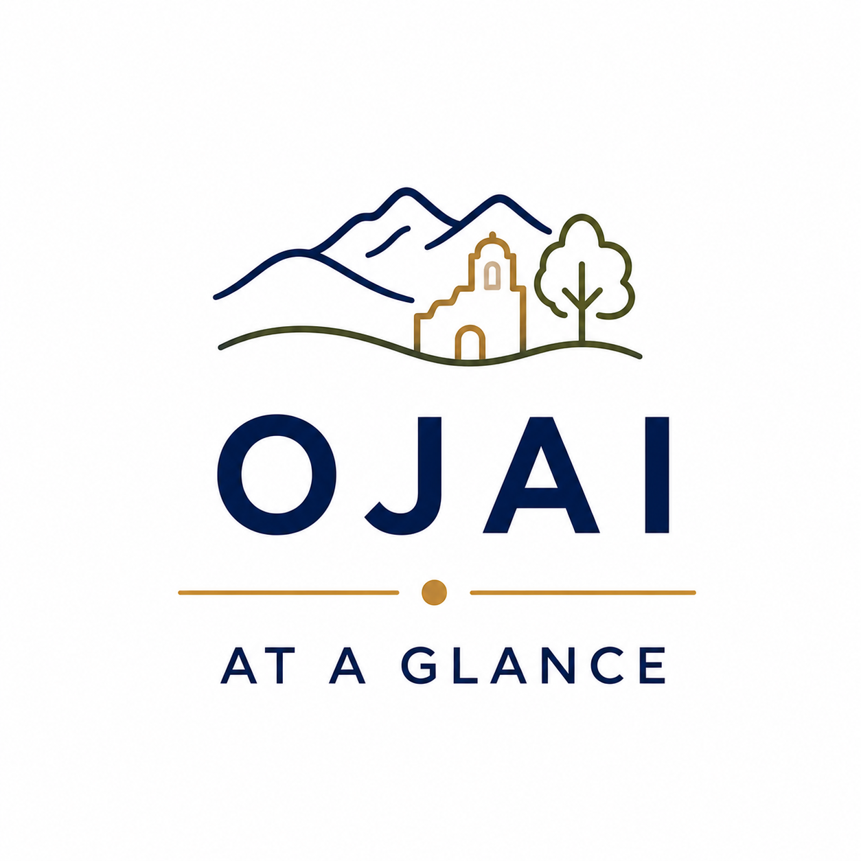 Logo for Ojai at a Glance featuring a mountain landscape, a church, a tree, and the text 'OjAI at a Glance'.
