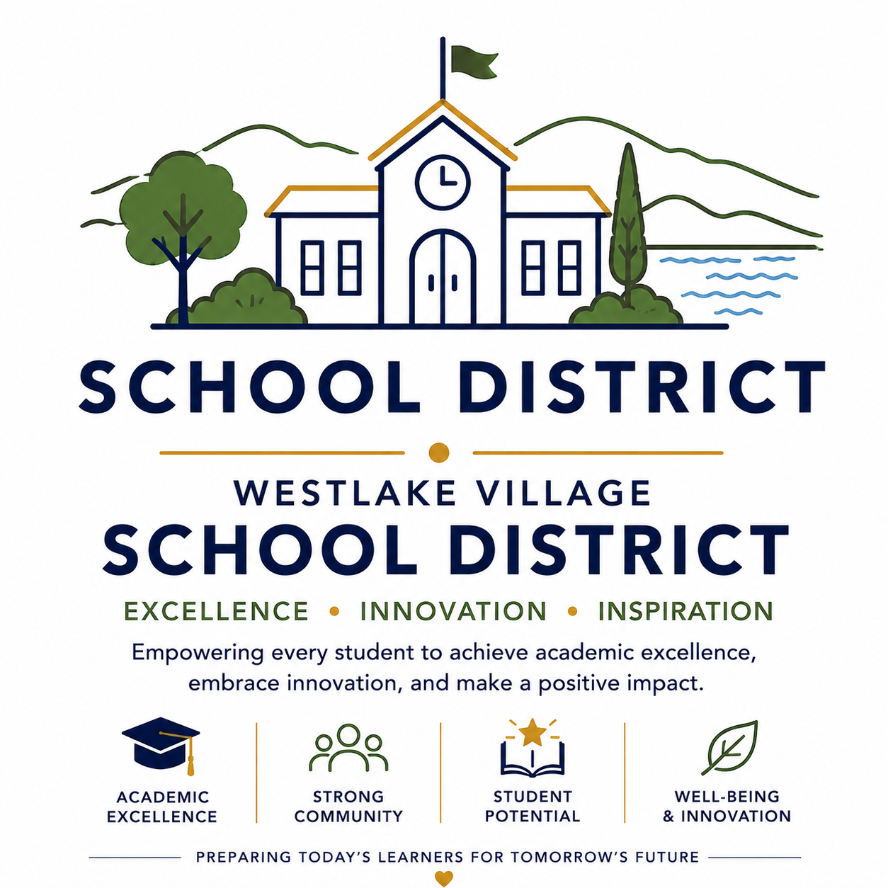 Graphic of a school building with trees, mountains, and water in the background, with text reading 'School District Westlake Village School District' and slogans about excellence, innovation, and inspiration.