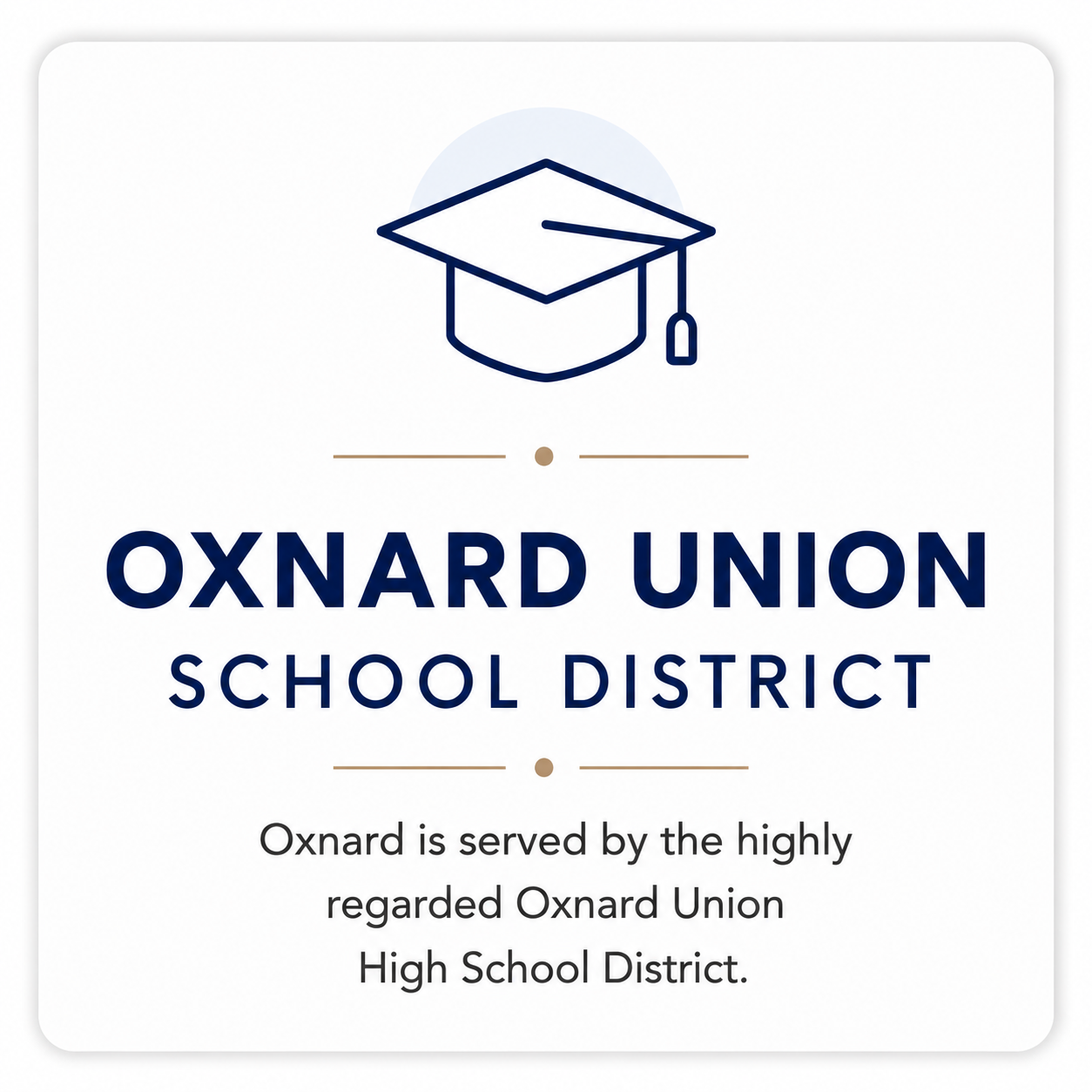 Logo of Oxnard Union School District featuring a graduation cap, with the text 'Oxnard Union School District' and a description about serving Oxnard by a highly regarded union.