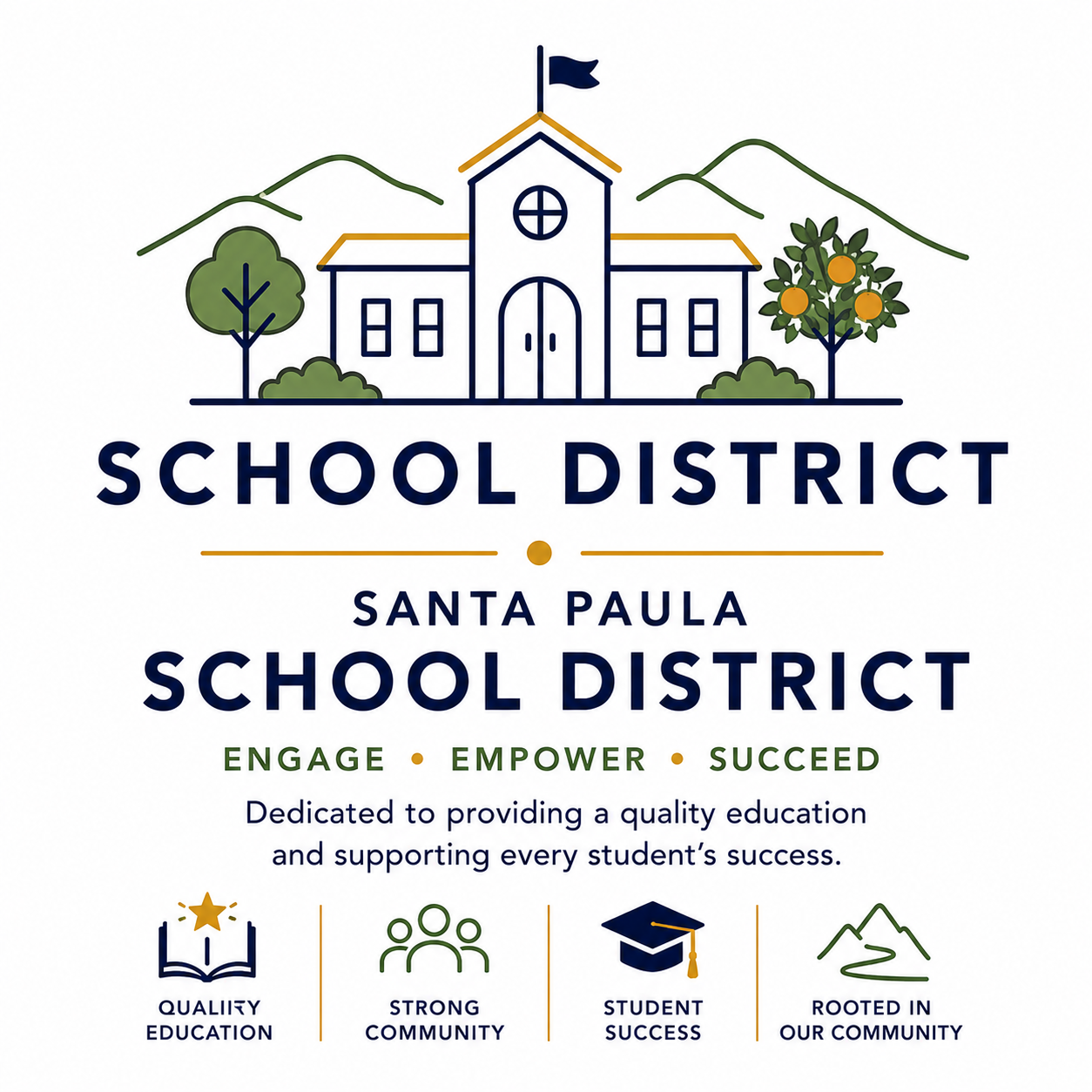 Logo of Santa Paula School District depicting a school building with mountains, trees, and a flag, with the district name and tagline: 'Engage, Empower, Succeed', and icons representing quality education, community, student success, and roots in the 