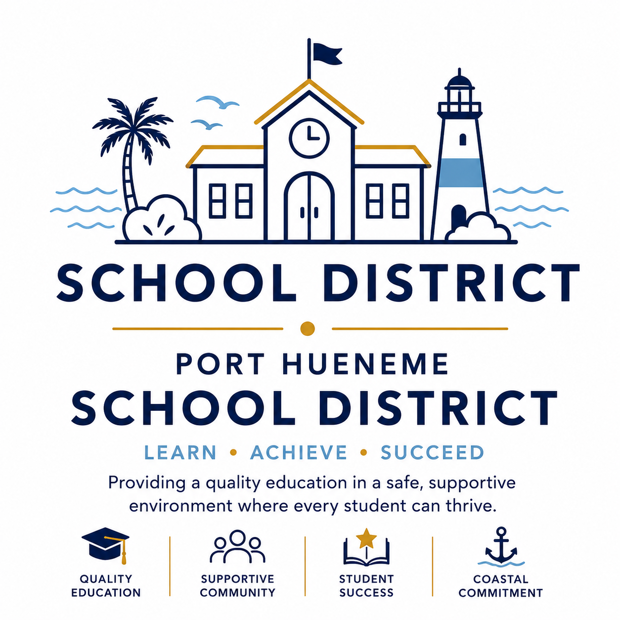 Logo of Port Hueneme School District featuring a lighthouse, school building, palm tree, and seagulls with the tagline 'Learn, Achieve, Succeed' and icons representing education, community support, student success, and coastal commitment.