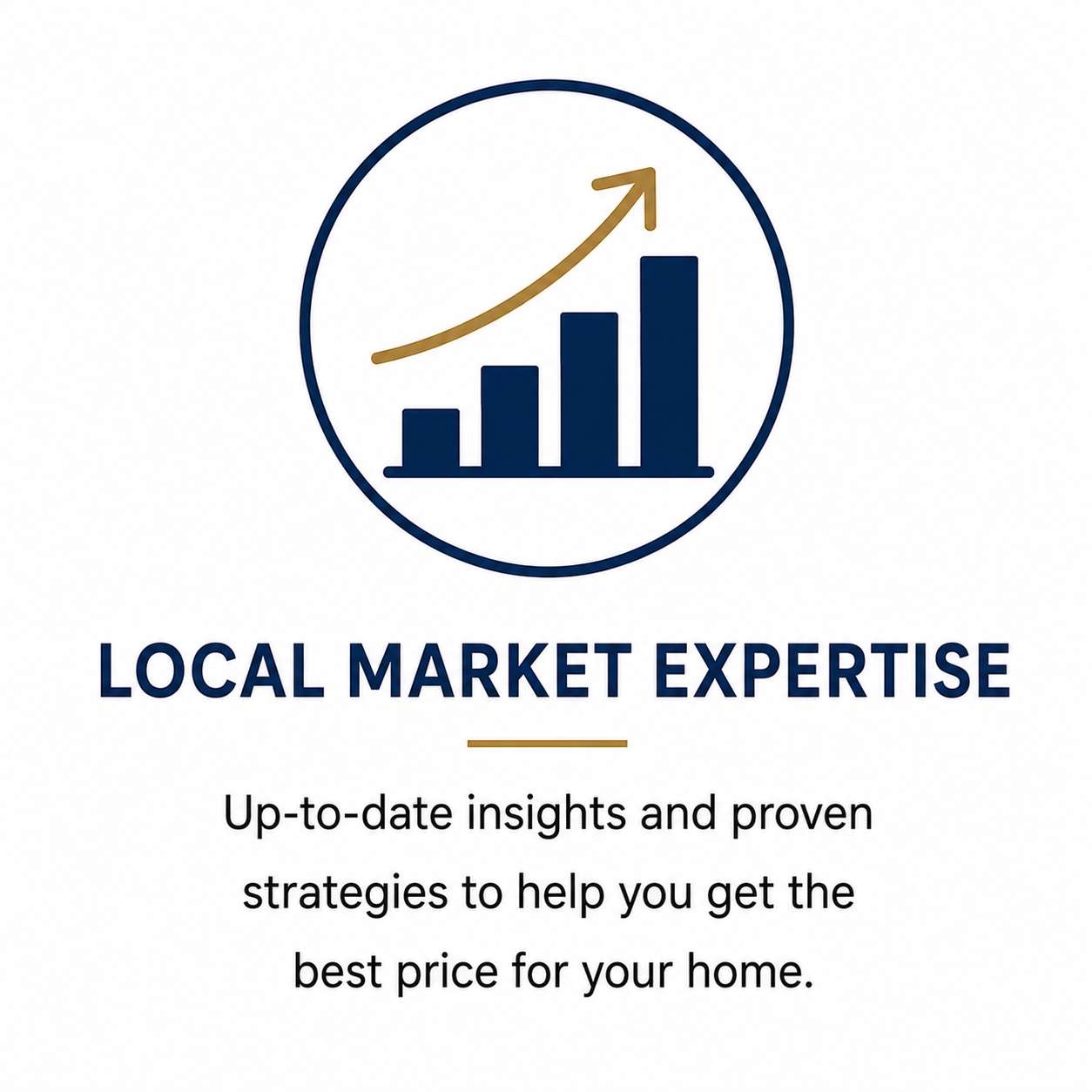 Logo with a bar chart and upward arrow encircled, with the text 'Local Market Expertise' and a description about insights and strategies for home pricing.