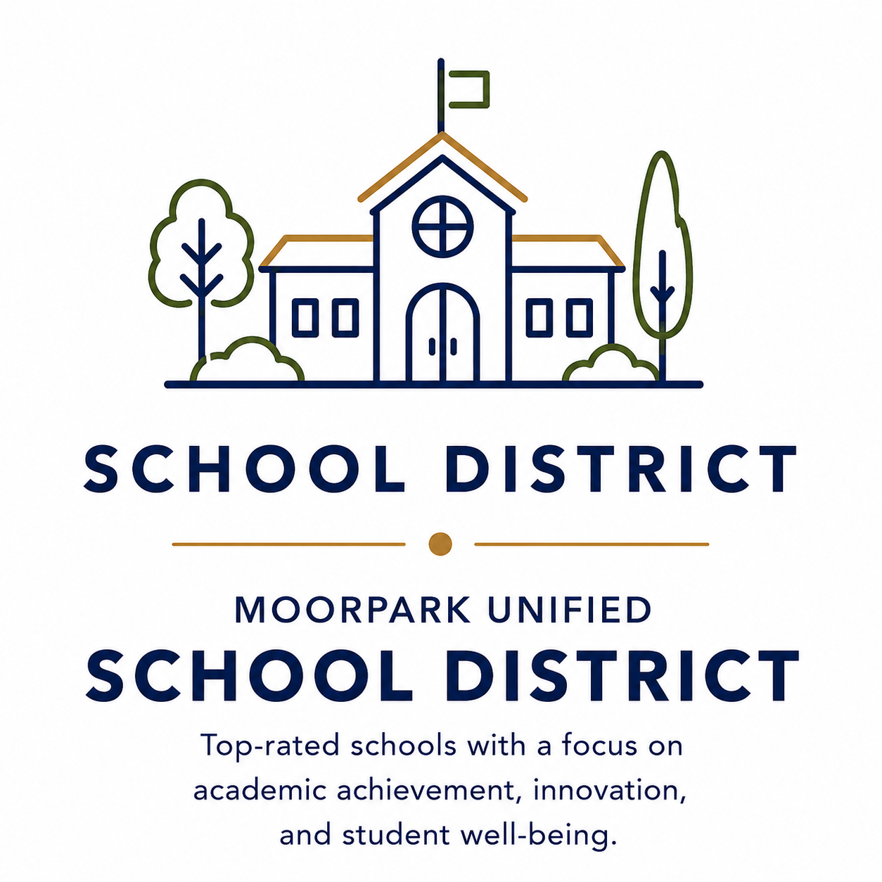 Logo of a school district with a line drawing of a school building, two trees, and the words "School District" and "Moorpark Unified School District" along with a slogan about academic achievement, innovation, and student well-being.