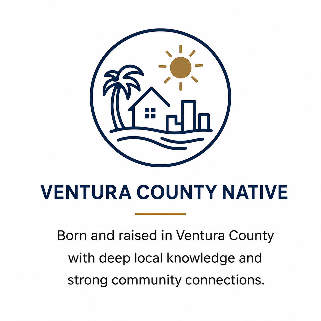 Logo representing Ventura County Native, featuring a palm tree, house, water, and sun, with the text "Ventura County Native" and a description about being born and raised in Ventura County with local knowledge and community connections.