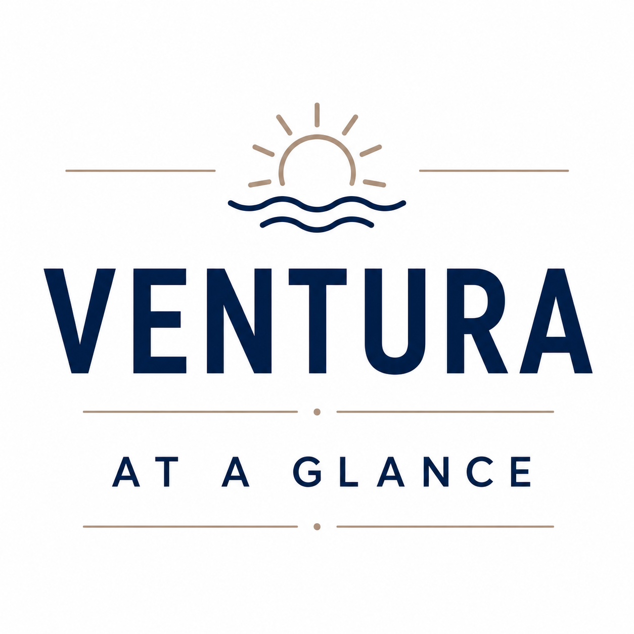 Logo with a sun rising over water, the text "VENTURA" in large navy blue letters, and the phrase "AT A GLANCE" below.