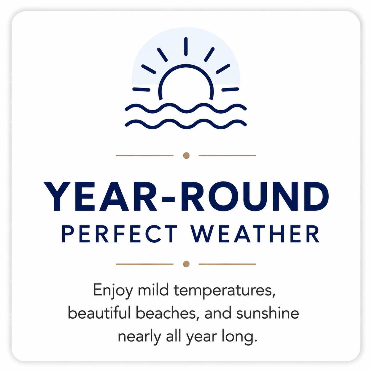 A graphic with a sun and waves illustration, and the text 'Year-Round Perfect Weather' and 'Enjoy mild temperatures, beautiful beaches, and sunshine nearly all year long.'