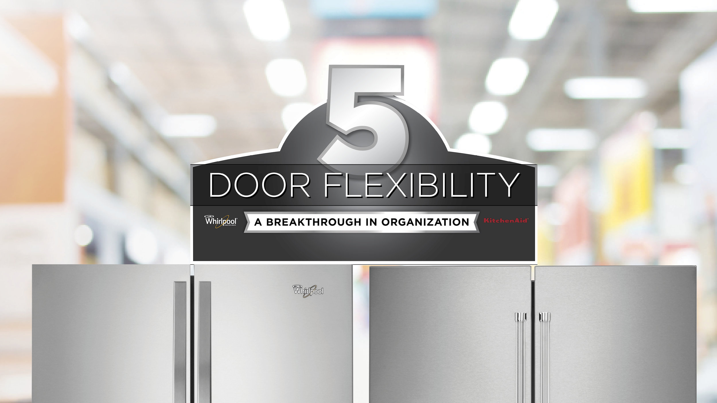 Whirlpool and KitchenAid were sharing and endcap to spotlight their 5-door refrigerator designs.