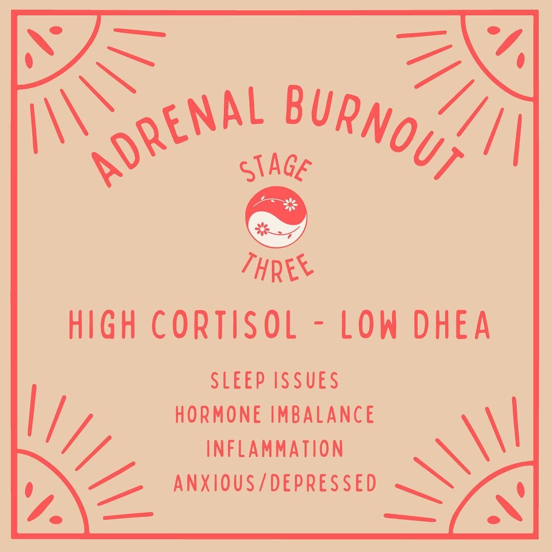 Third Stage of Adrenal Burnout 🚨 

High cortisol &amp; low DHEA

In this stage, you often have major sleep issues - feeling tired all day but can&rsquo;t sleep at night, as well as hormone imbalance, prone to anxiety or depression and overall inflam