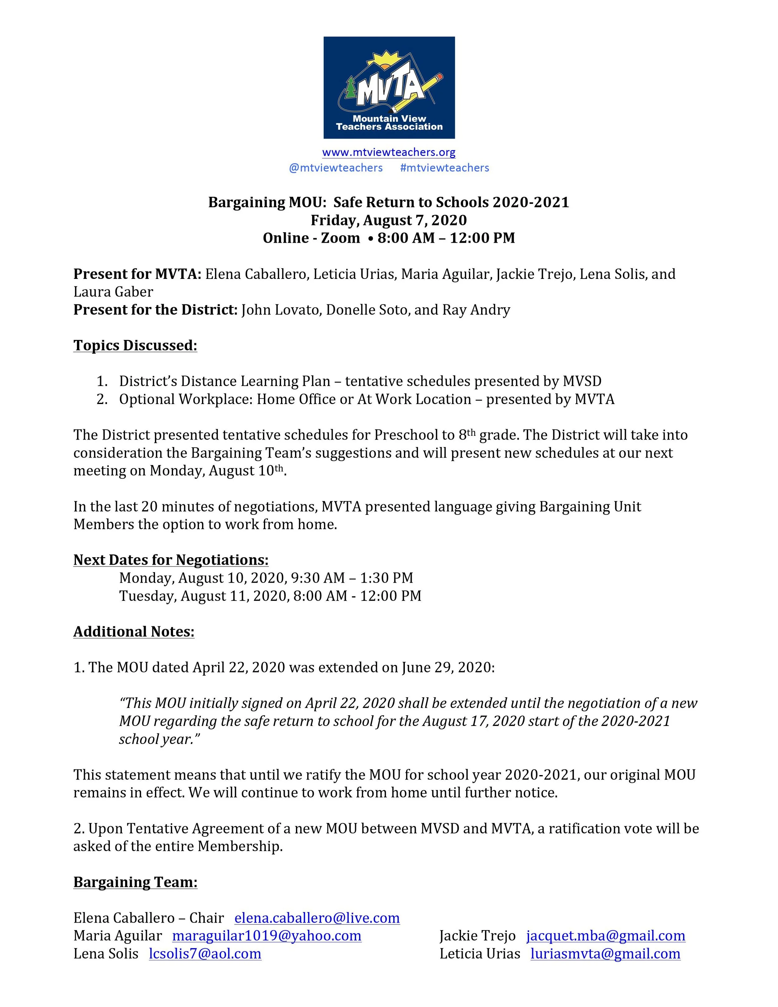 Bargaining Update August 7, 2020: Safe Return To Schools 2020-2021