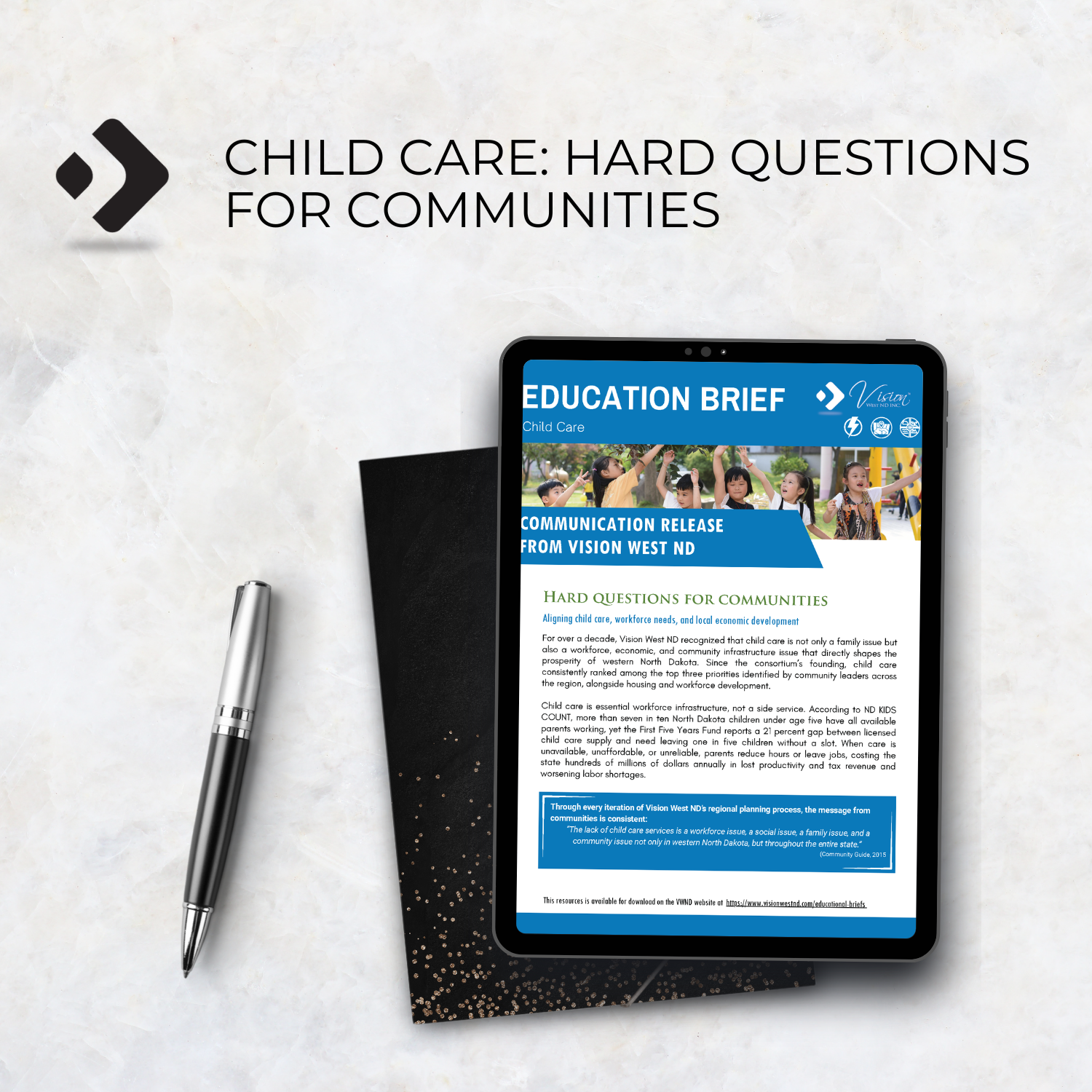 Education brief cover displayed on tablet screen