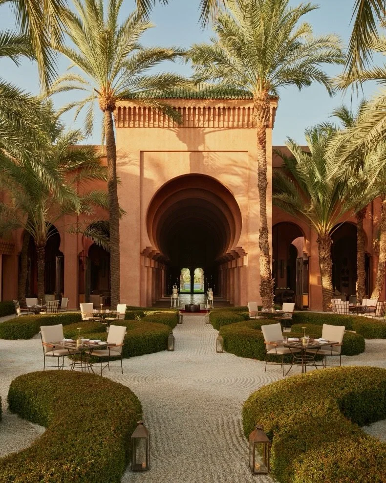 Inspired by the rose-hued buildings of the Medina, palatial Amanjena is close to the fabled Red City. Set in its own expanse of gardens and grand open spaces, the Marrakech resort&rsquo;s shaded courtyards with fountains lead to the central basin, bo