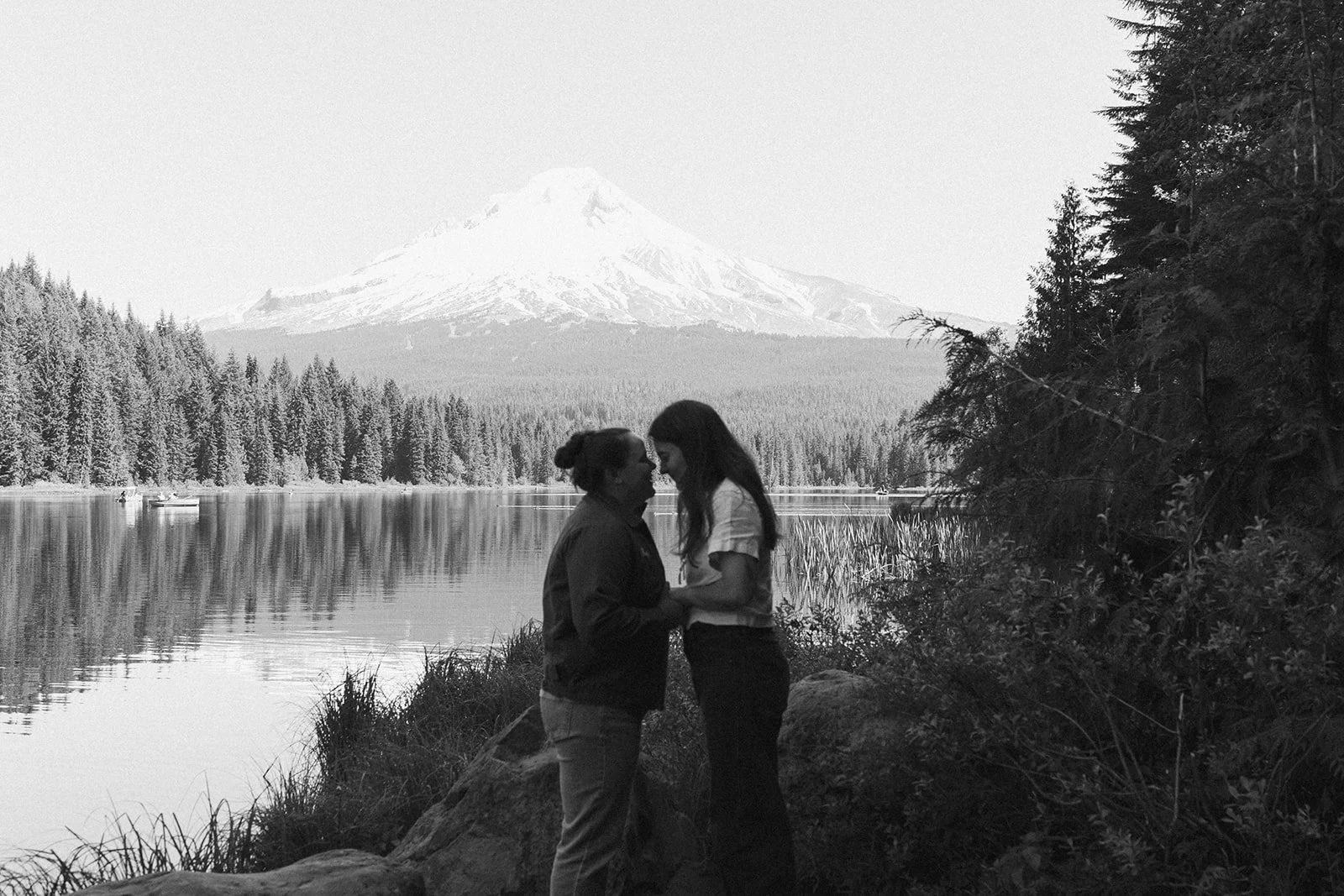 High key black and white portrait of a newly engaged couple on Mount Hood