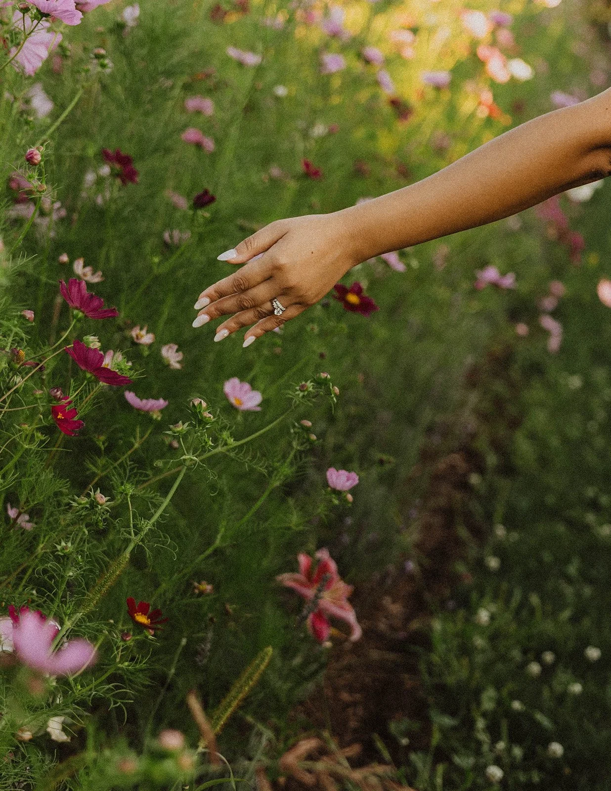 Close-up of an engagement ring as a bride-to-be runs her hand through colorful wildflowers.