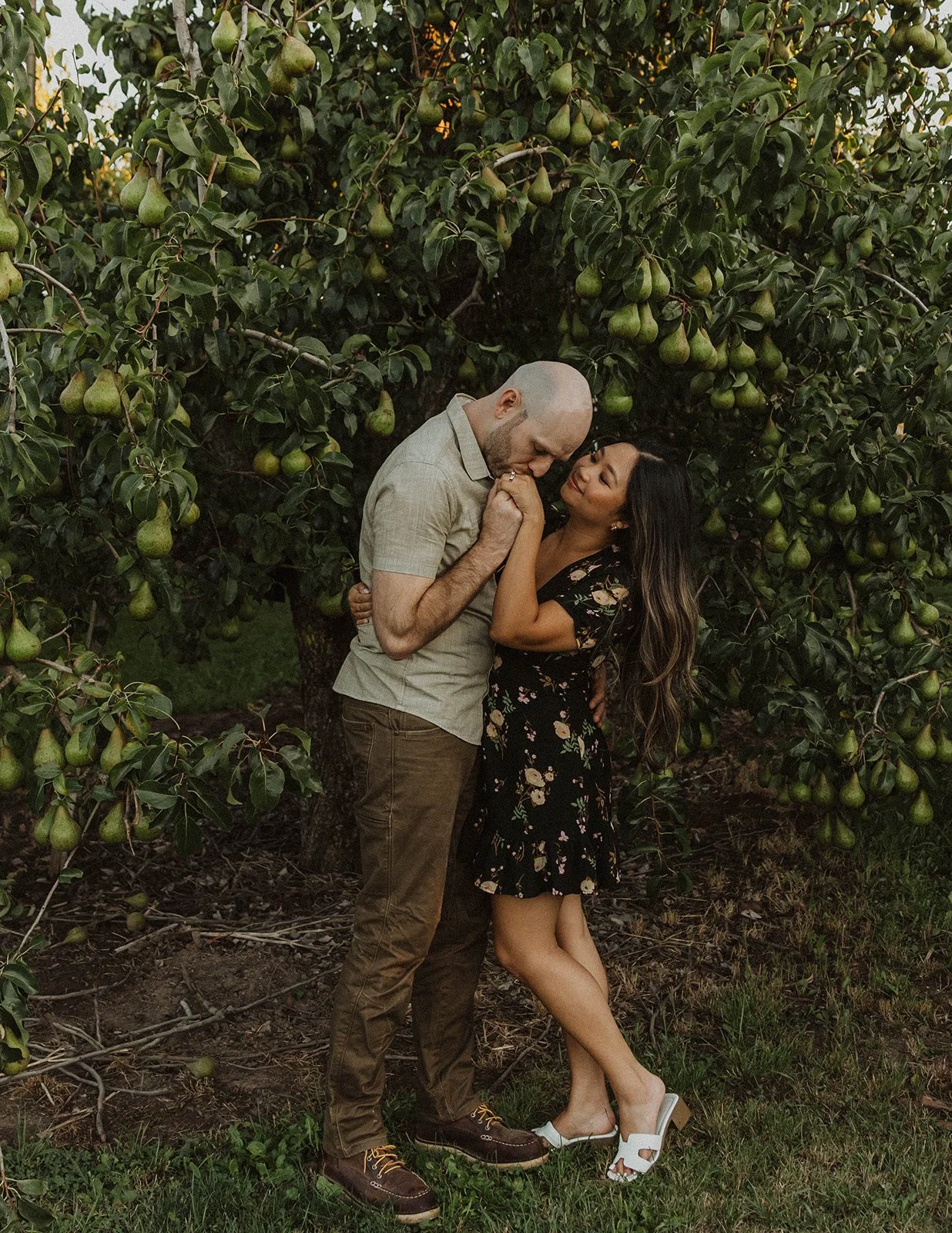 Romantic engagement portrait of a groom-to-be kissing his fiancée’s hand beneath a pear tree in an orchard.