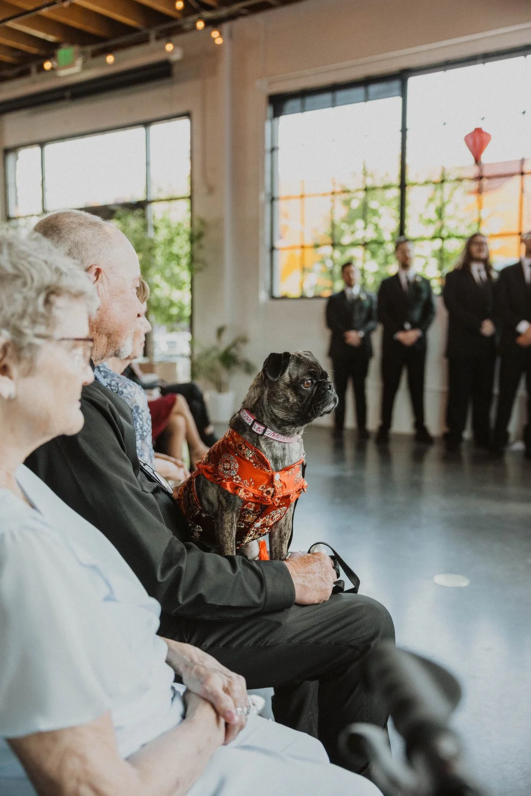 Dog wearing a decorative red outfit sits with wedding guests during a unique Oregon wedding ceremony at an industrial venue.