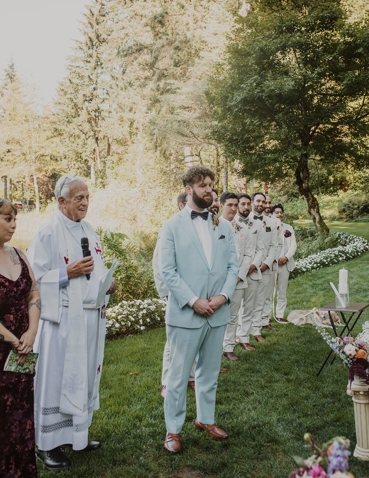 Groom waiting with his wedding party before the ceremony at a Bridal Veil Lakes wedding in Oregon.