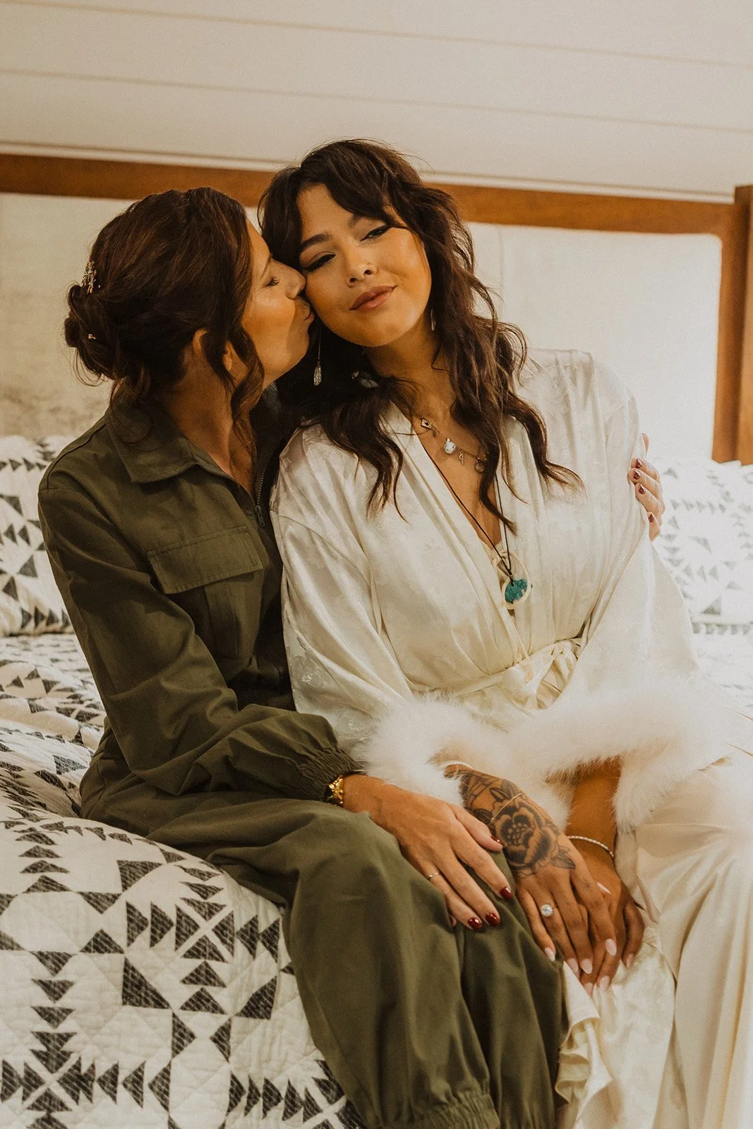 Bride sharing a quiet moment with her mother while getting ready before the wedding at Bright Morning Farm.