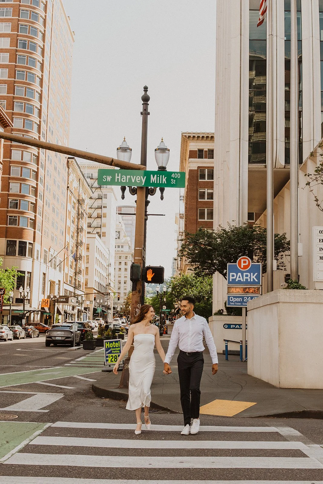 Charlotte and Lucas together during their city engagement photos in Portland, Oregon