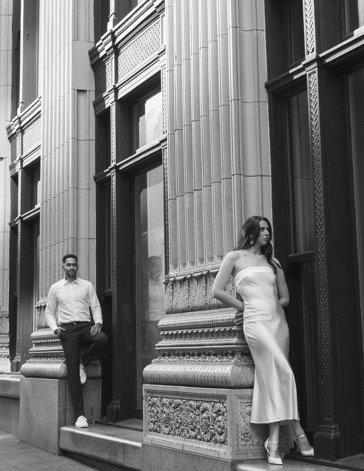 Couple dressed up and exploring Portland for their engagement photos