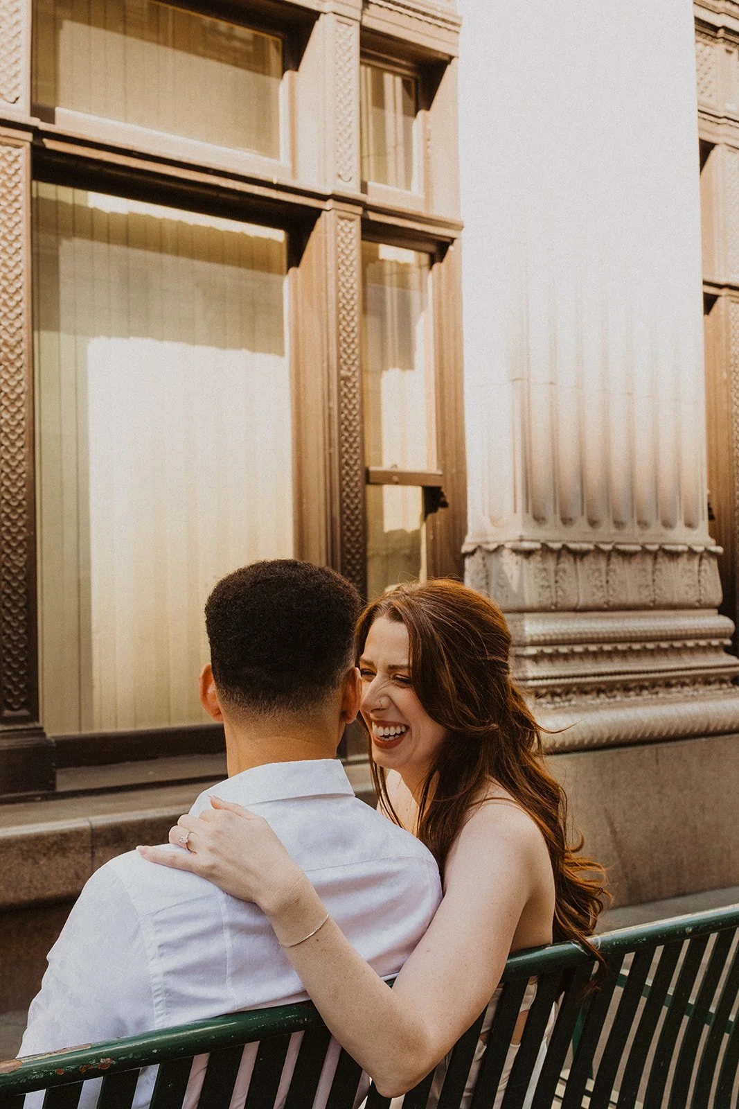 Playful candid moment between Charlotte and Lucas during their Portland engagement photos