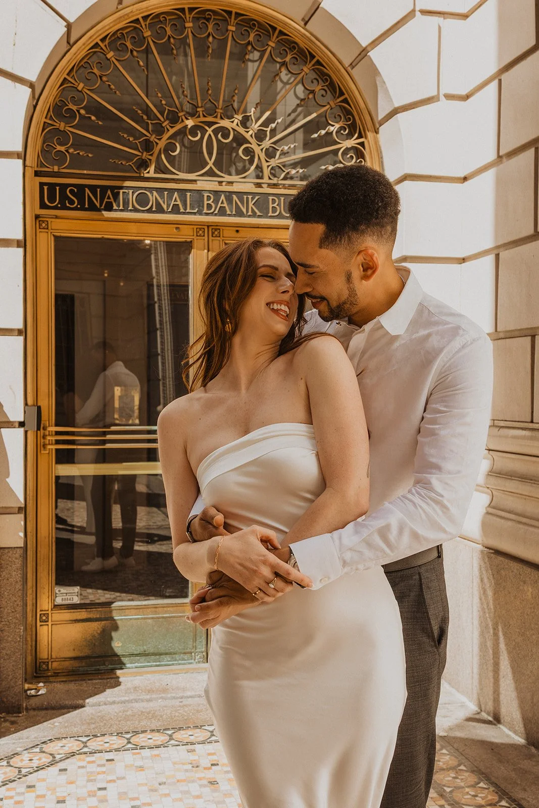 Natural interaction between Charlotte and Lucas during their Portland engagement photos