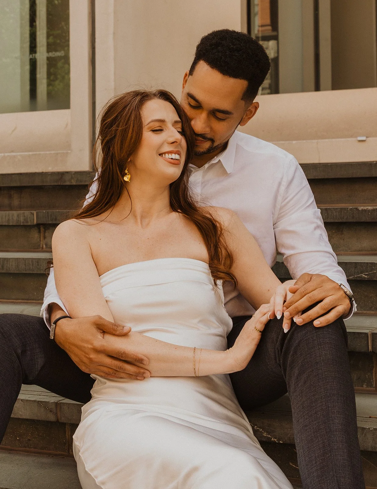 City street portrait from Charlotte and Lucas's downtown Portland engagement session