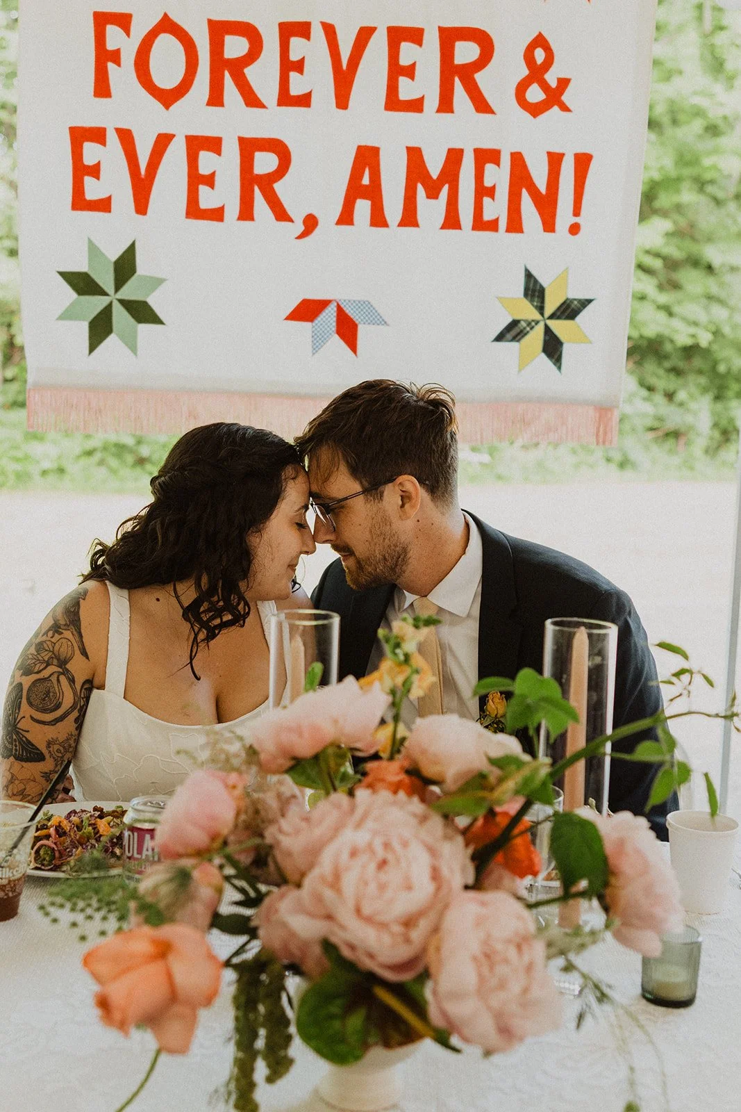 Small outdoor Oregon wedding reception with a intentional decor elements