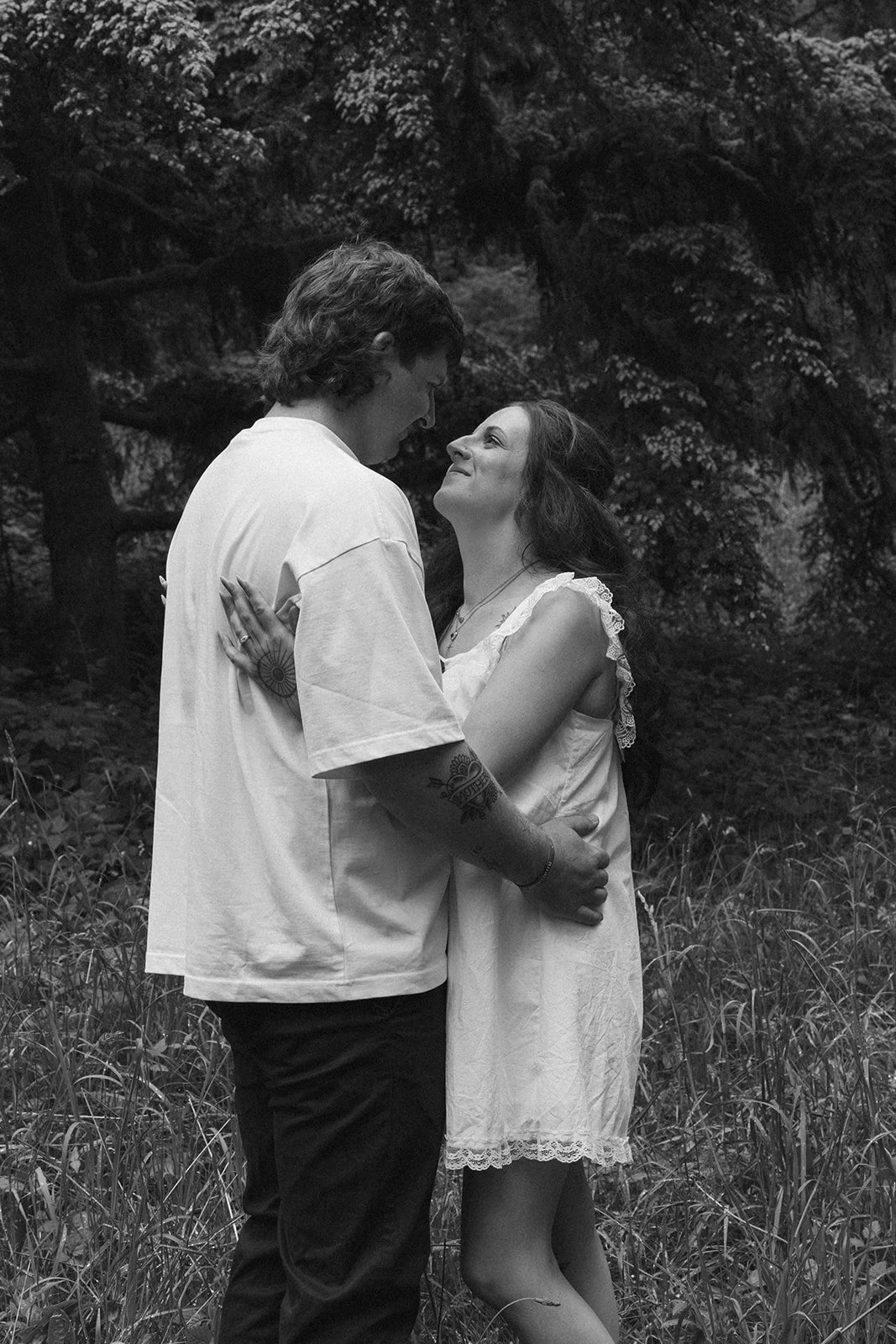 Foreheads together on a forest trail with no direction from me