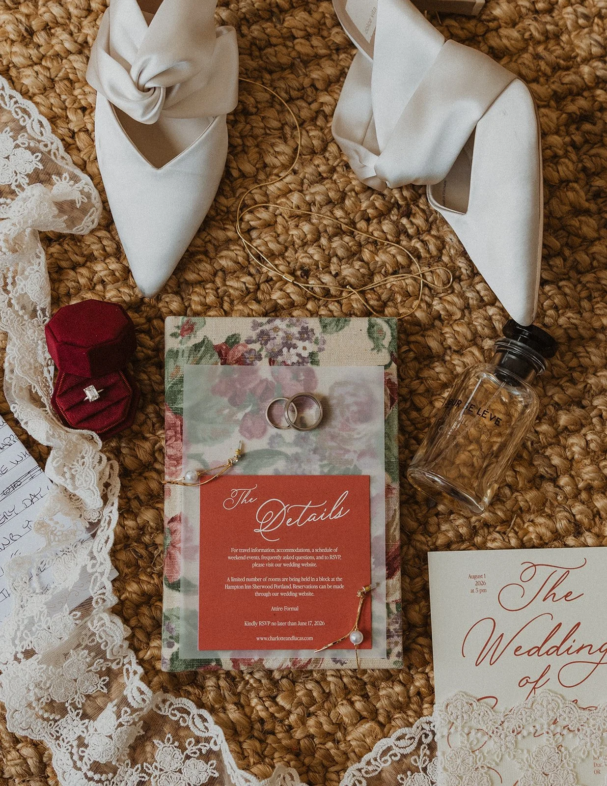 Shoes, rings and jewelry laid out during a Willamette Valley wedding morning