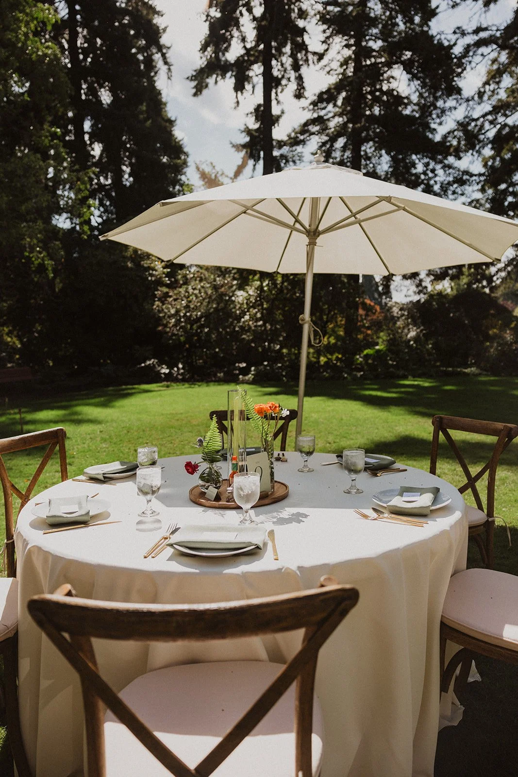 Afternoon reception carries on under tent and umbrellas at Crystal Springs Rhododendron Garden