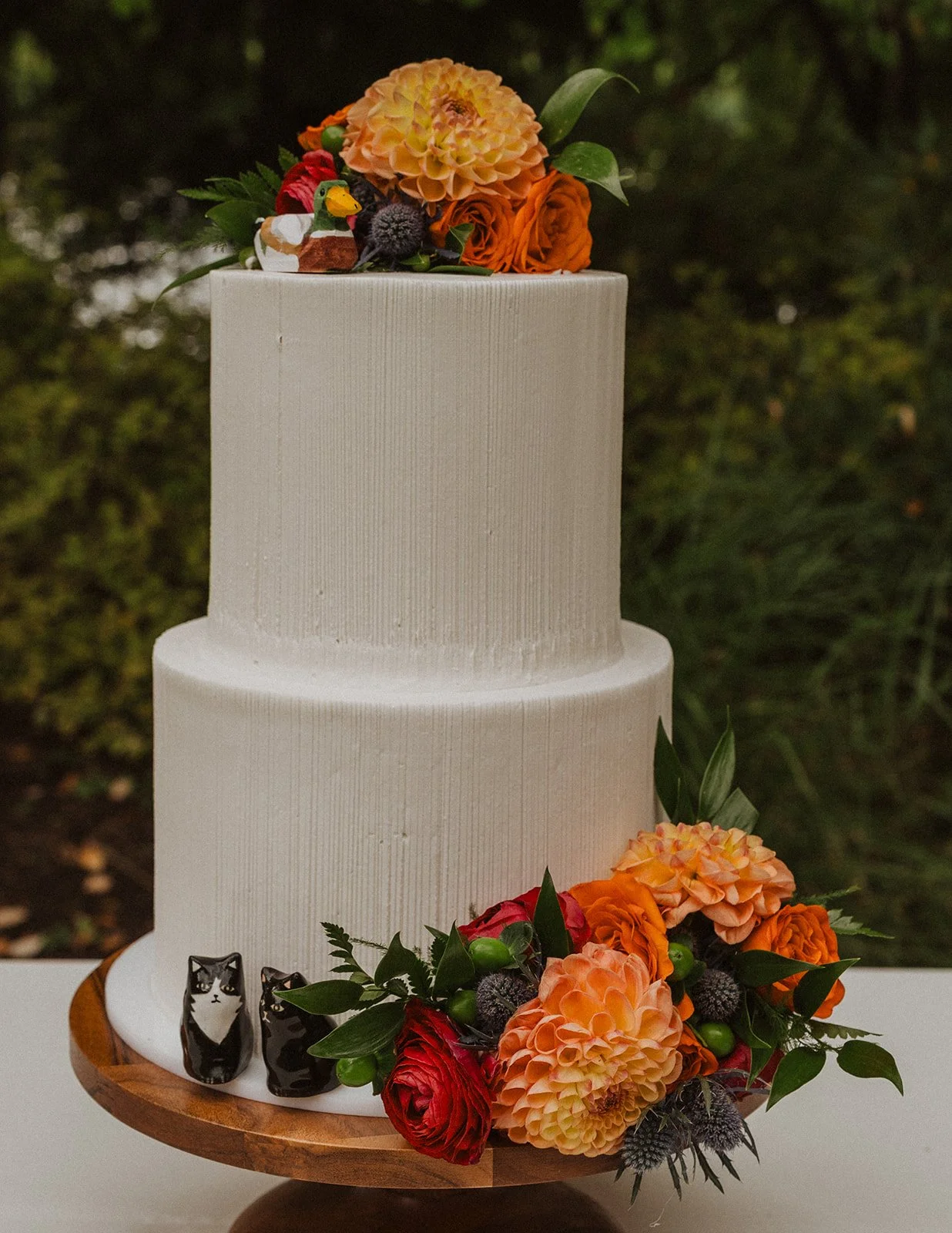 Two tier cake topped with the couple's cats and a small duck below