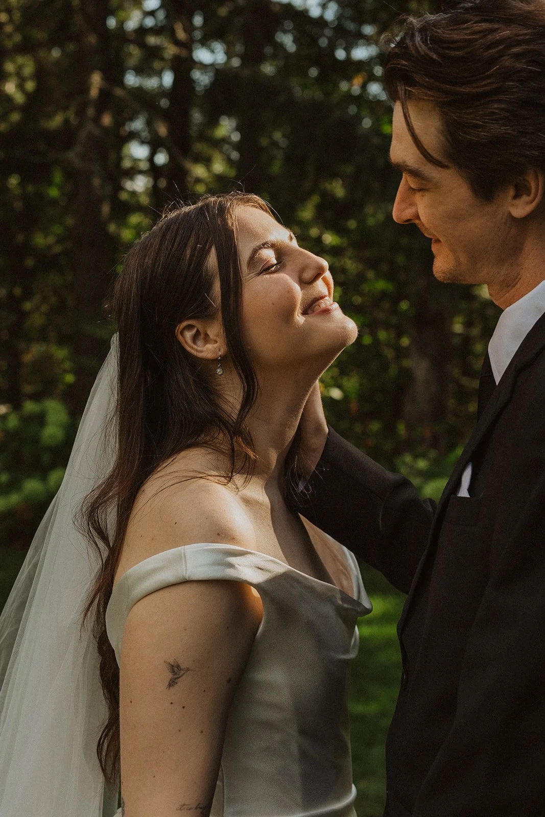 Golden hour portrait in the trees after a Rocky Hill wedding ceremony