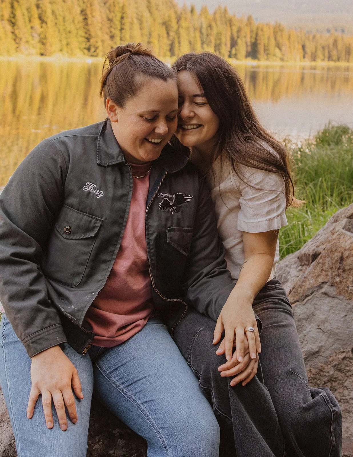 Close frame of the ring on her hand beside the lake on Mount Hood