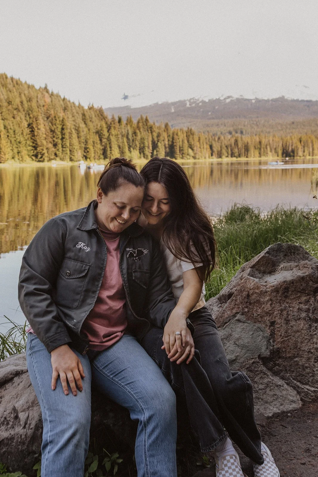 Sitting close on a rock with the new ring on at Trillium Lake
