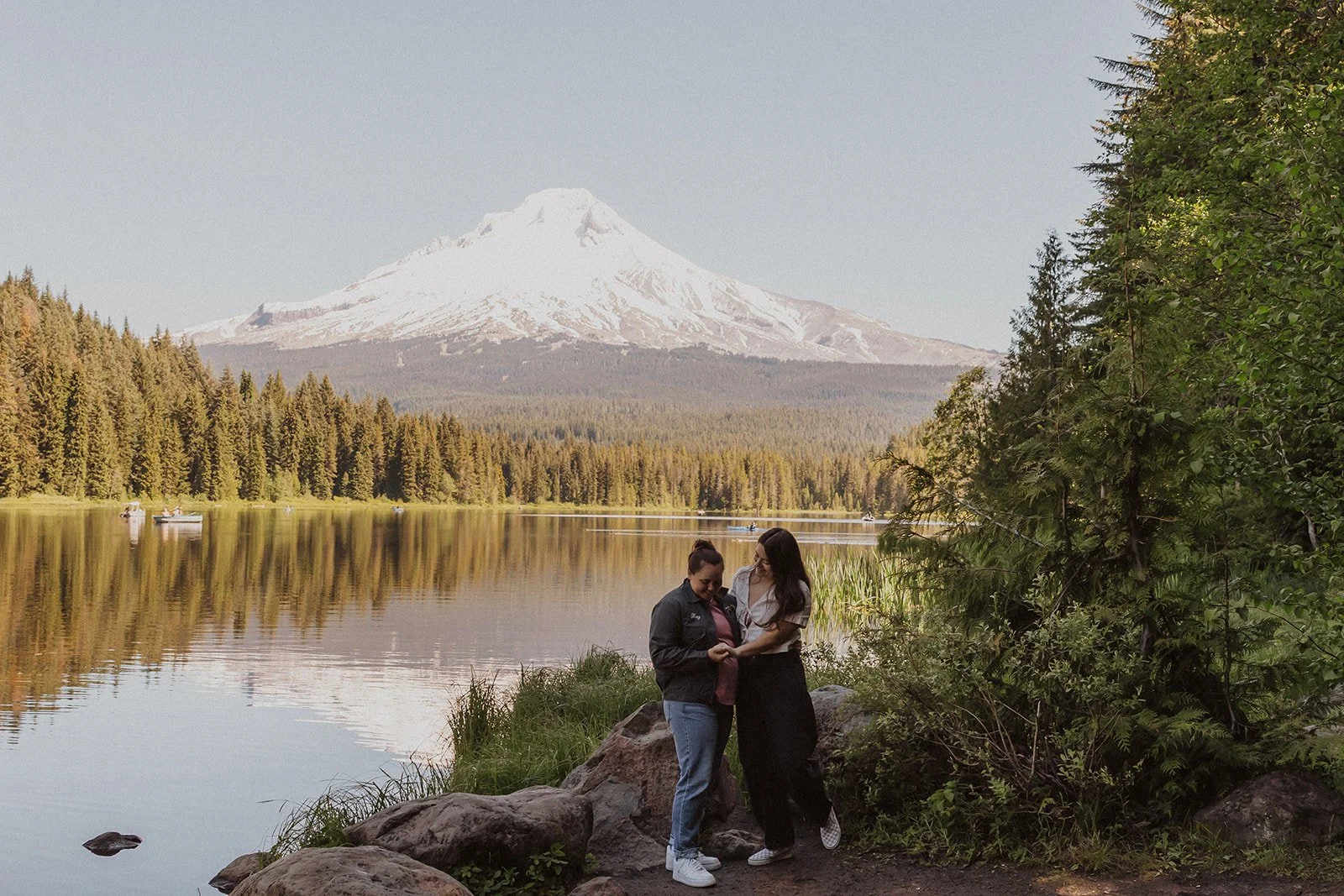 Looking down at the ring together in golden light at Trillium Lake