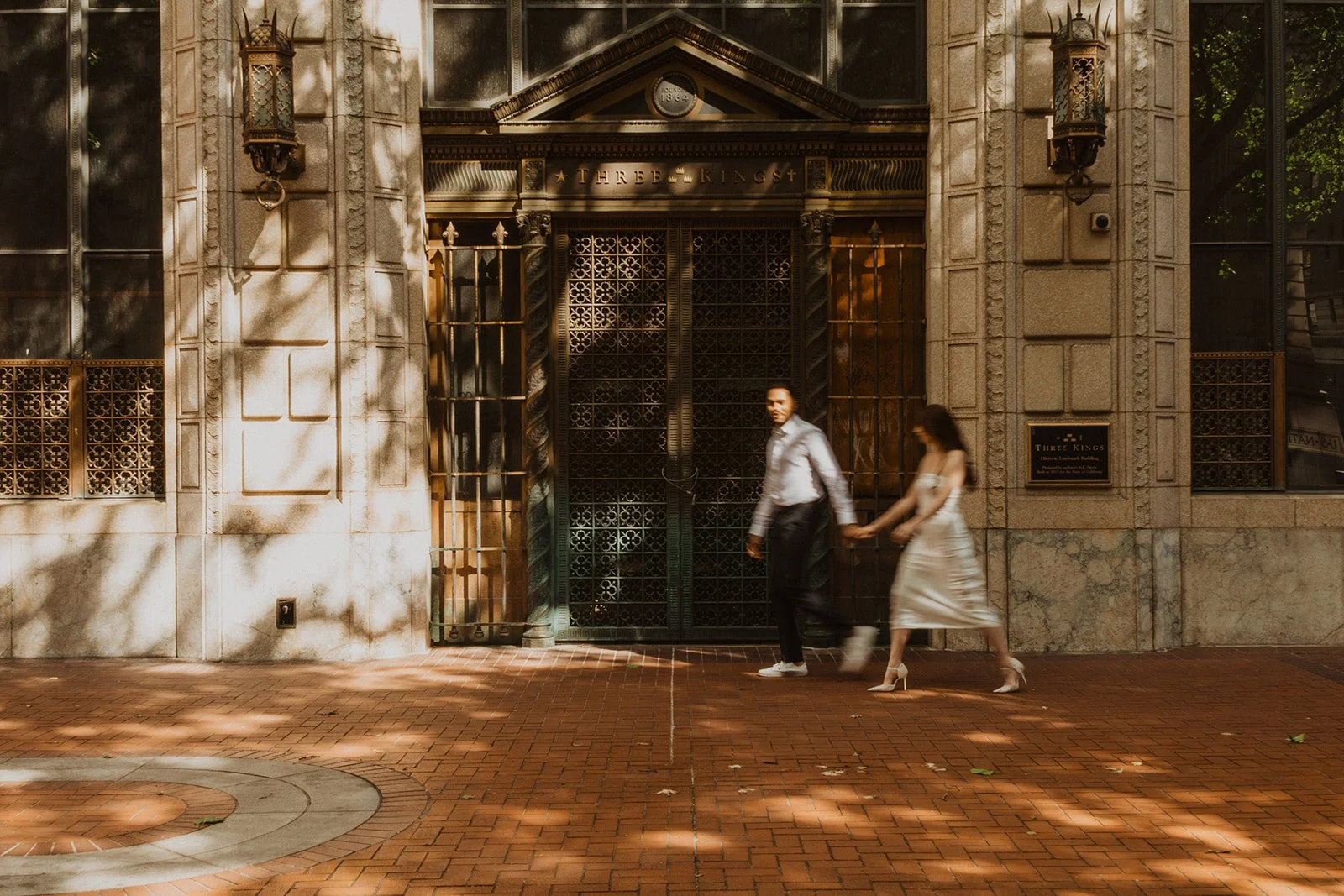 Charlotte and Lucas dressed up for their engagement session in downtown Portland