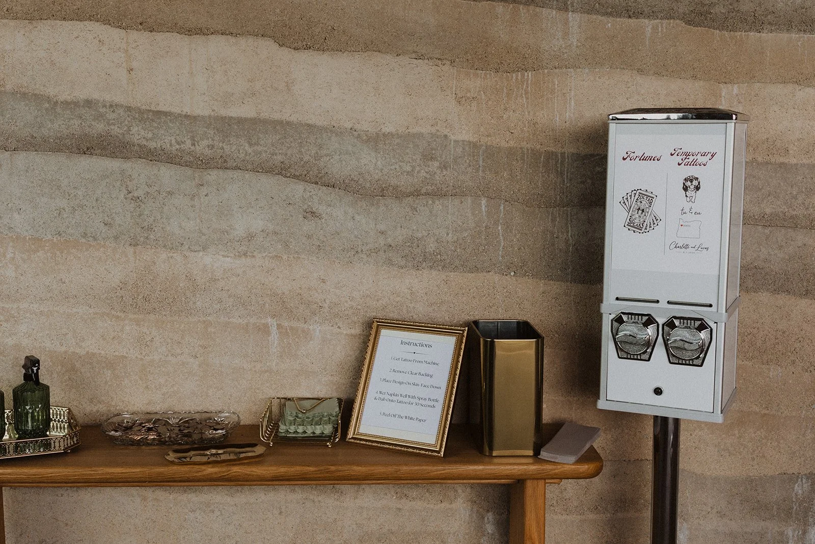 Fortune and temporary tattoo dispenser set out for guests at the reception