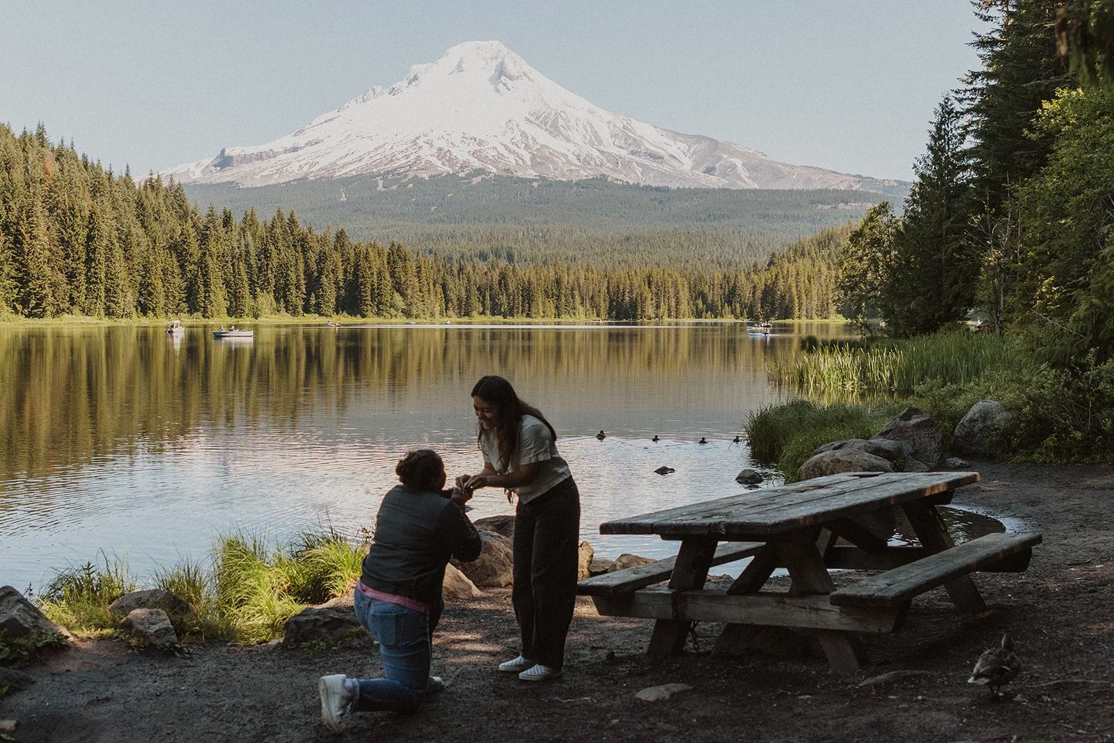 A proposal on a busy summer afternoon, fishing boats and all, at Trillium Lake