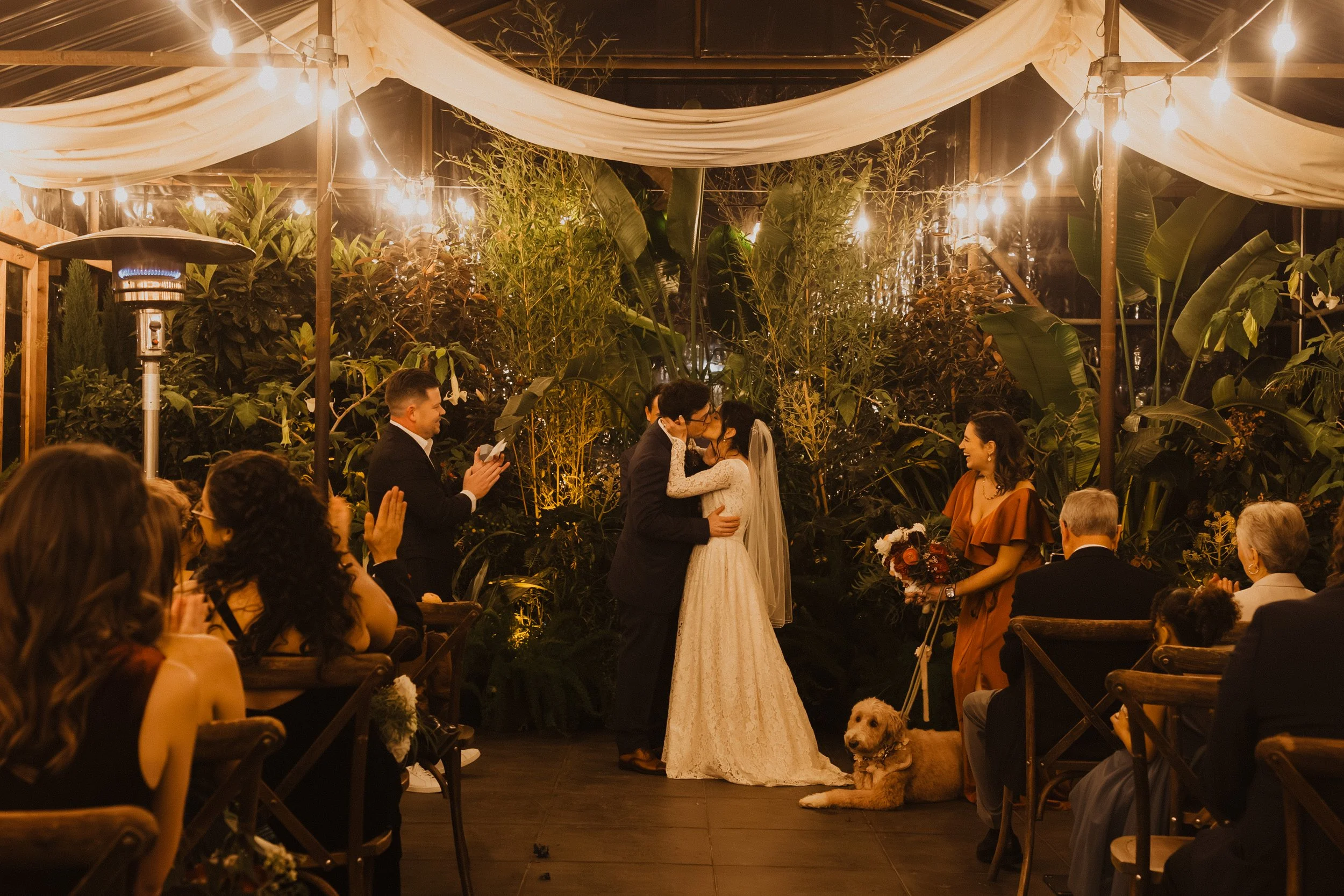 A wedding ceremony happening indoors under string lights and draped fabric, with the bride and groom kissing and a dog lying on the floor nearby. Guests are seated on either side, watching the couple, with one person officiating the ceremony and a woman holding a bouquet of flowers.
