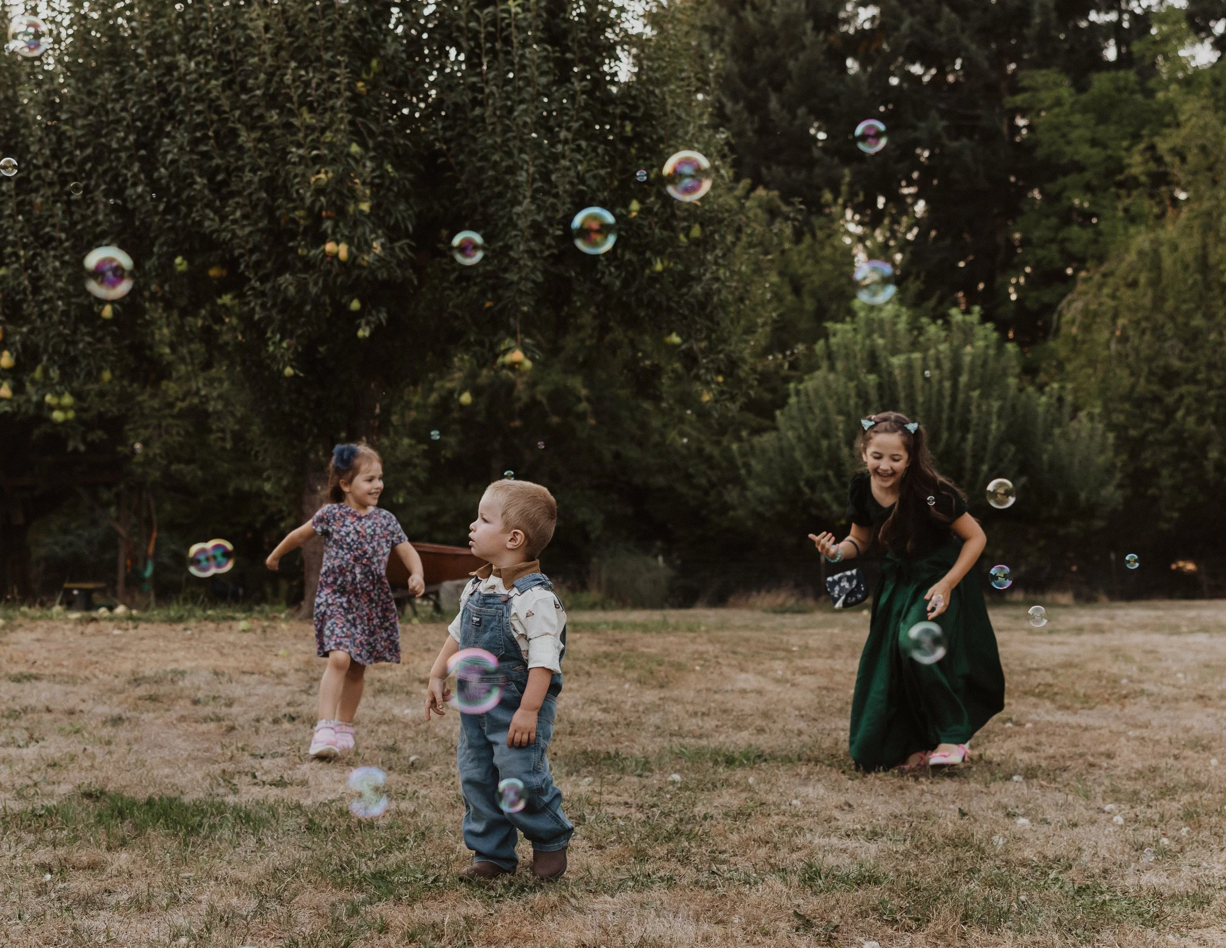 Family Session in Aurora, Oregon on the Koch Family Farm. Three children, two girls and a boy, playing outdoors in a park with soap bubbles floating around them. The girls are laughing and running, while the boy stands still.