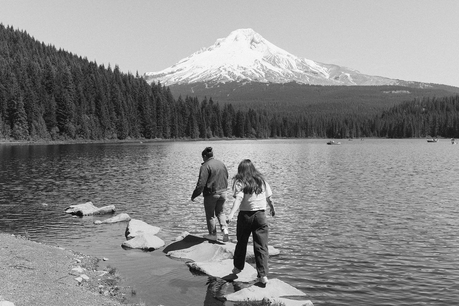 Out across the stones toward Mount Hood, shot in black and white