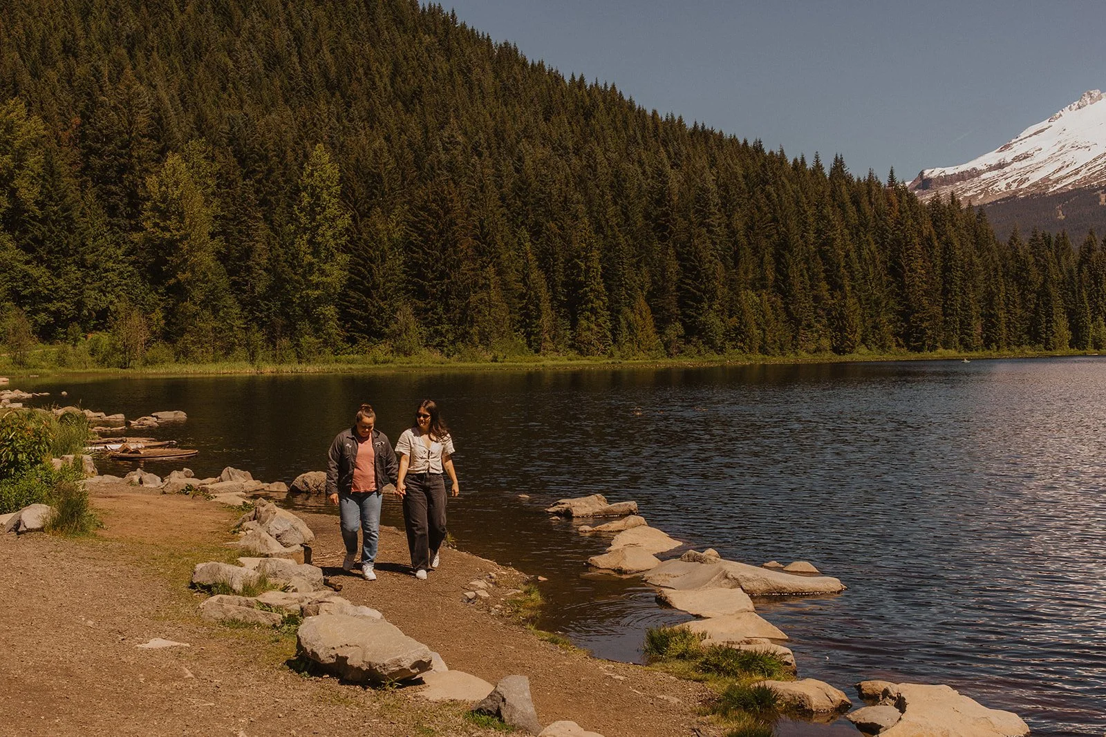 Wide view of the Trillium Lake shoreline with forest and mountain across the water