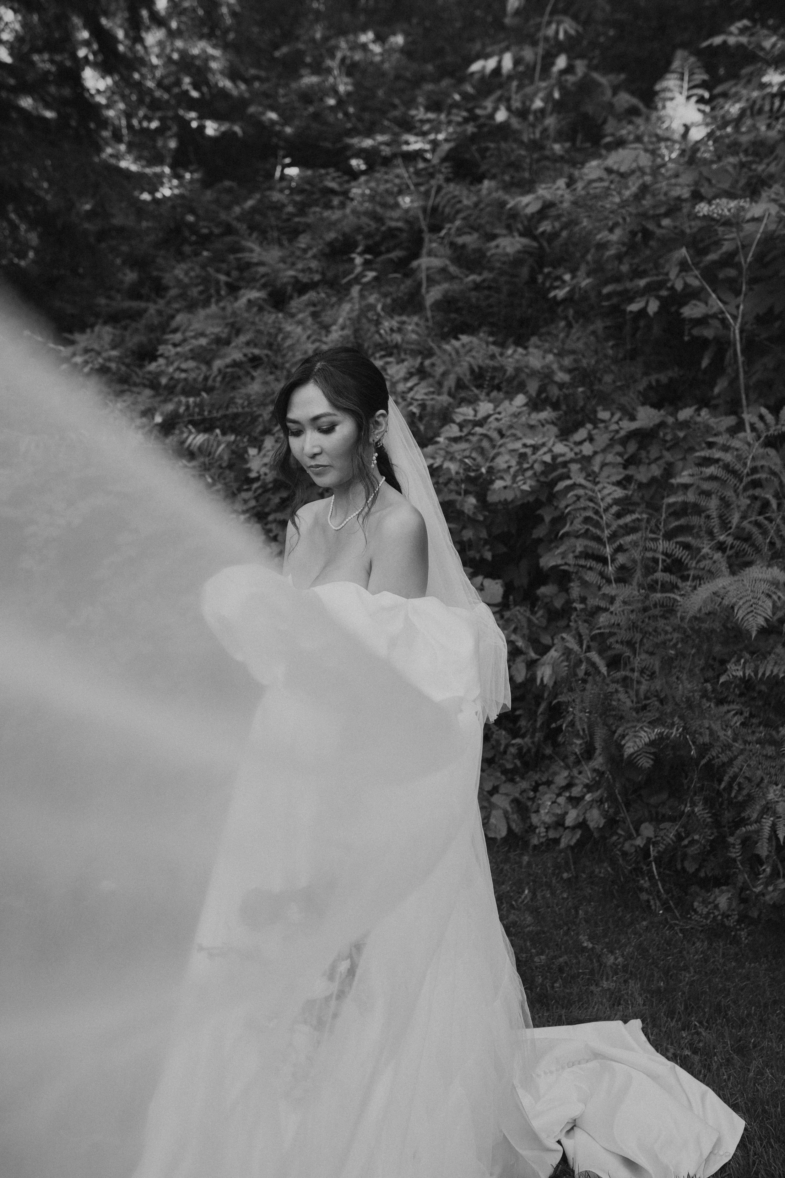 Black and white portrait of a bride standing softly among greenery with her veil flowing, creating a timeless feel by a wedding photographer in Portland Oregon.