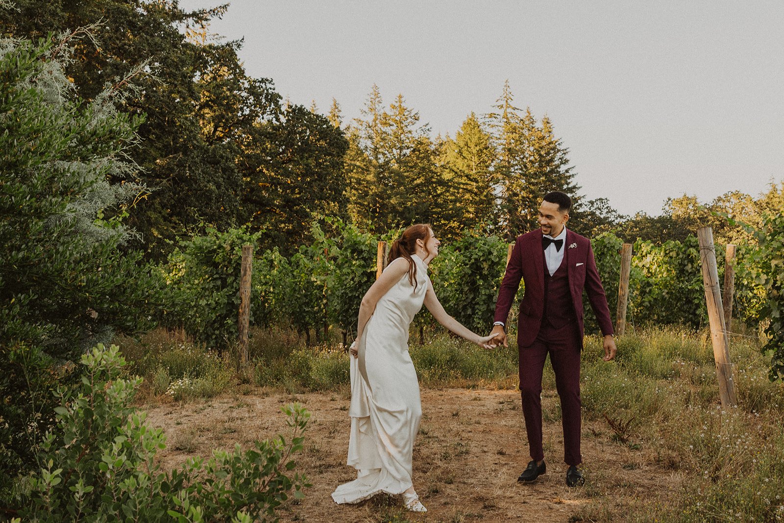 First look just outside the tasting room at an Oregon winery wedding