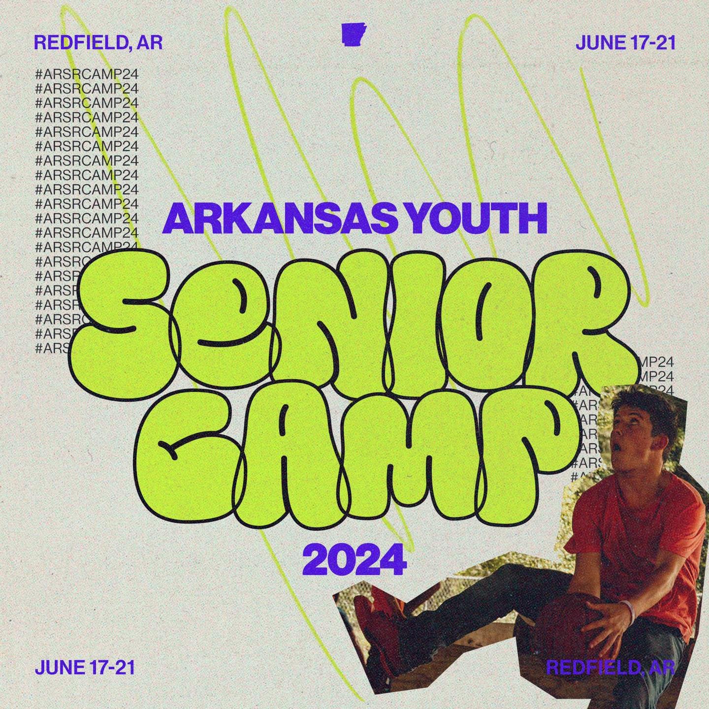 🎉 ARKANSAS YOUTH SENIOR CAMP &lsquo;24 🎉

JUNE 12-21 | AGES 15-18 

This summer is going to be like none other! God has changed so many lives &amp; futures at ARYOUTH SR. CAMPS &amp; we believe He will do it this year!

Make sure to register at ary