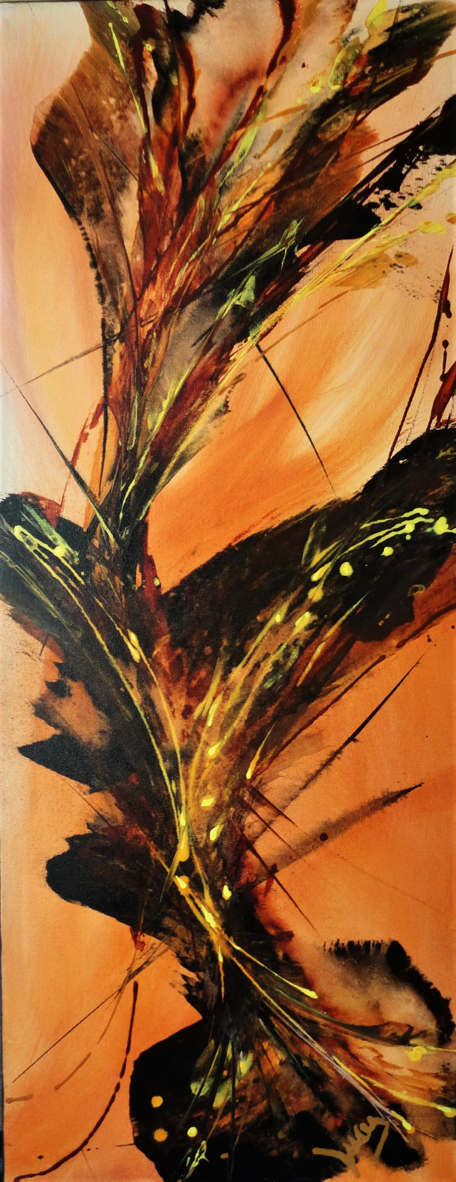  SOLD  Original hand painted abstract flow art.....action painting. Not A Glicee reproduction. Great size for a narrow wall.  This action flow painting will add drama to any room. Many color interactions to explore. Plenty of details and color. Paint