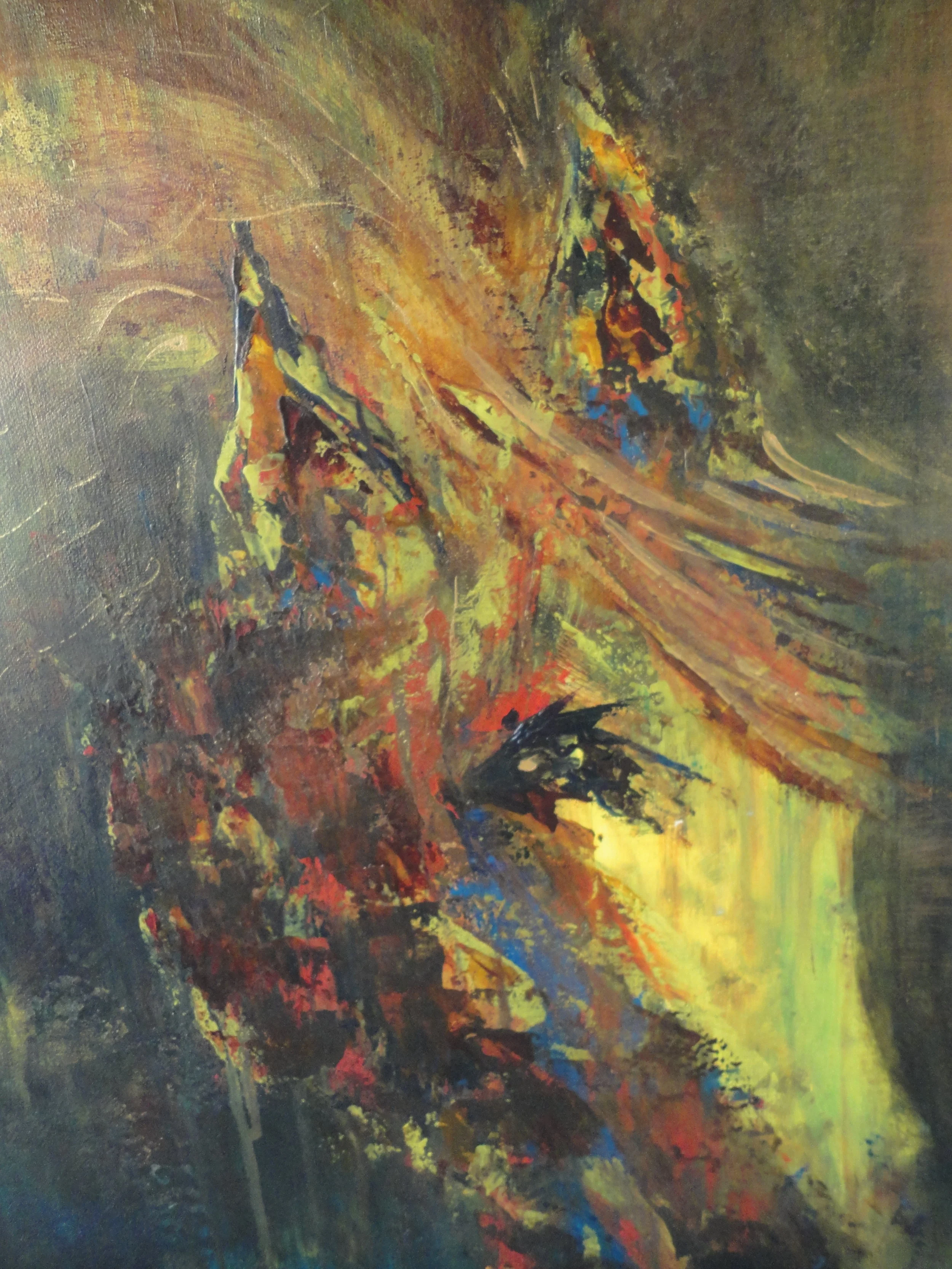  SOLD  Original hand painted abstracted fantasy painting. Not a Glicee reproduction.  If you ever needed a ride out of the underworld he's here...Full of life and movement of colors and patterns.  Original acrylic painting on stretched canvas  Multil