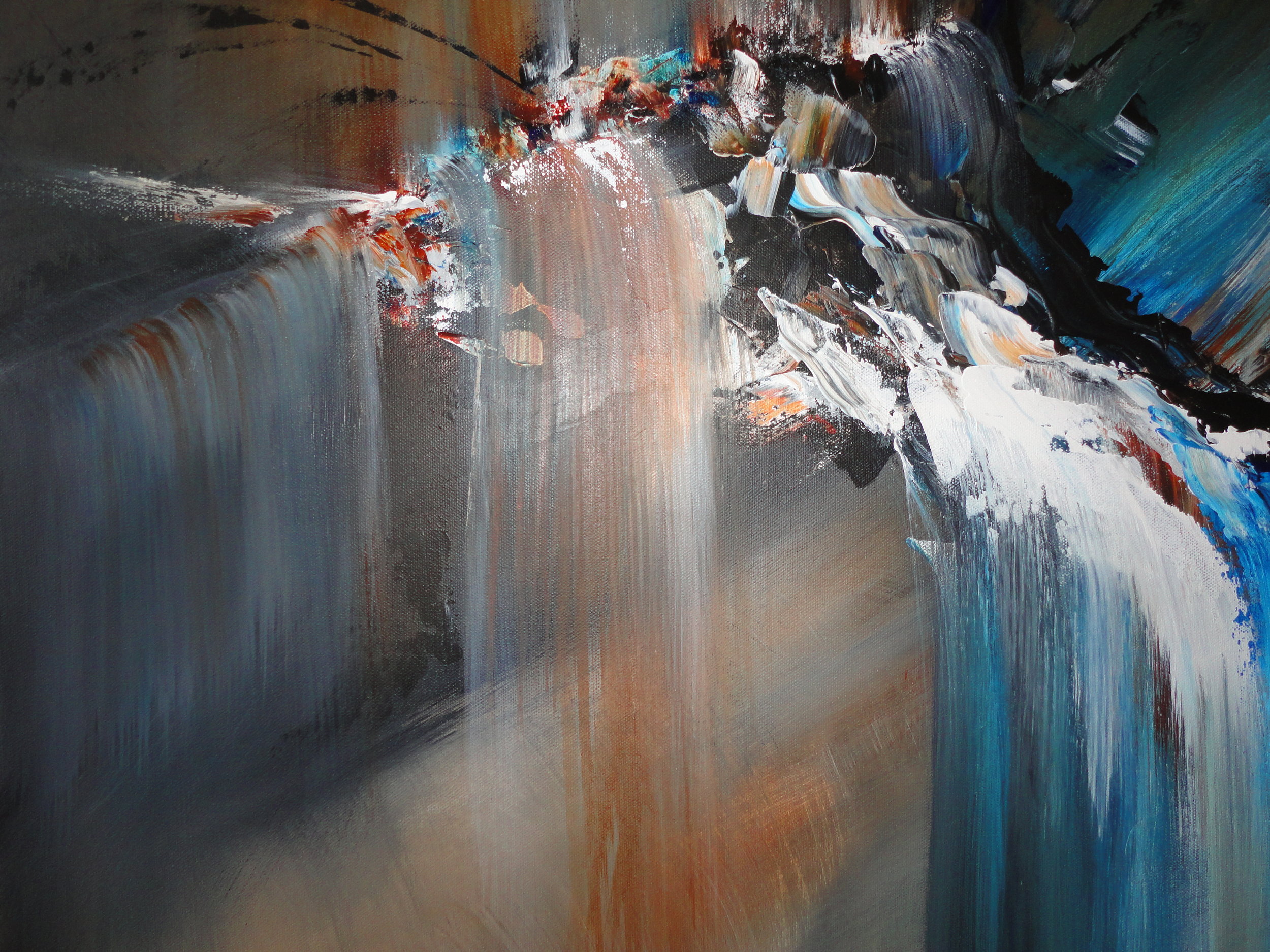  SOLD  Original hand painted abstract flow art.....action painting. Not a   Glicee reproduction.  Other worldly mountain scene with a dreamy waterfall in the world of my mind. Painted black on all four sides.   Original acrylic painting on stretched 