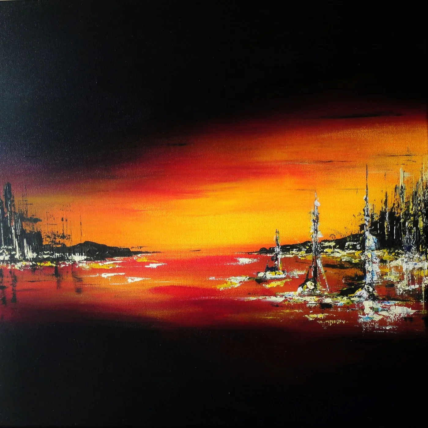  Original hand painted abstract painting. Not a Glicee reproduction.   Sunset over the harbor with a stillness from something that's about to happen. Deep purples and reds run throughout the sky and water.  Painted on all four sides.   Original acryl