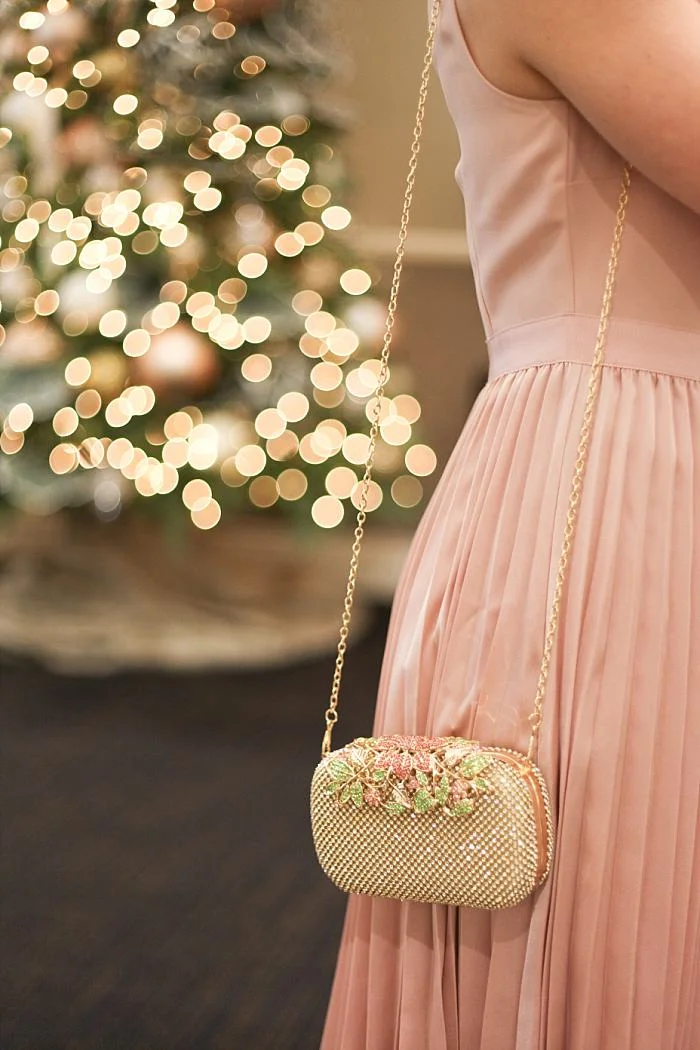 Christmas Concealed Carry Outfit . Holiday Party . Pink Pleated Dress . Gold purse_0177.jpg